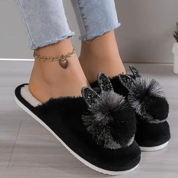 New Cozy Plush Furry Slippers with Black Cat Ears 7 1/2  8 - Picture 1 of 4